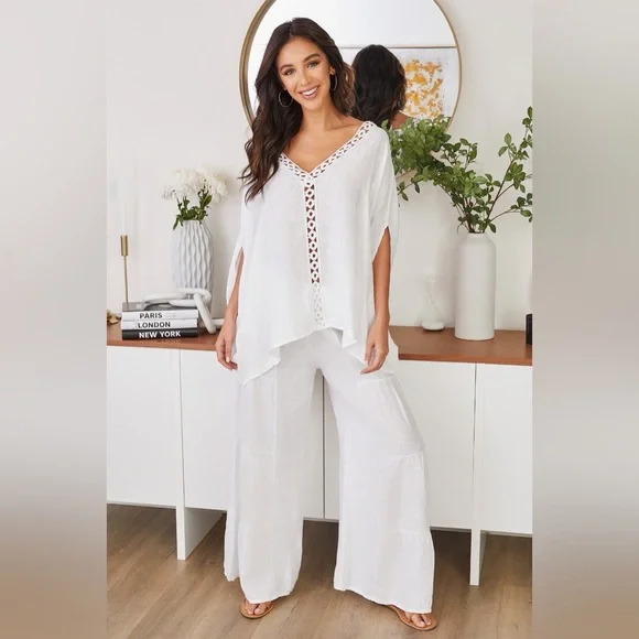 (2-36/255005-SOL-WHT) LINEN TIERED PALAZZO PANT - Picture 1 of 5